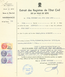 Le certificat de naissance de Jean Gourguet