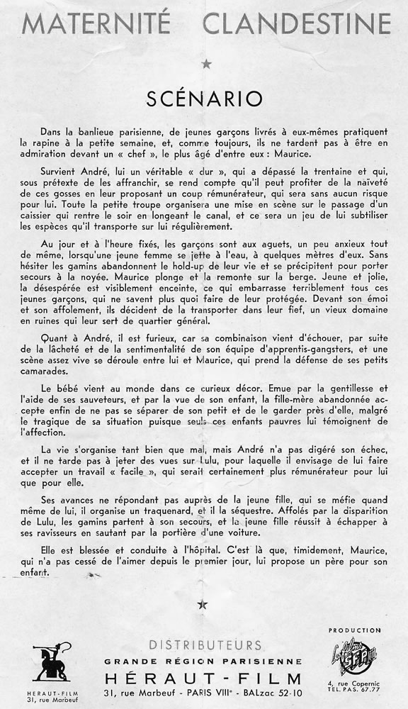 Scenario de : matérnité clandestine, 1953