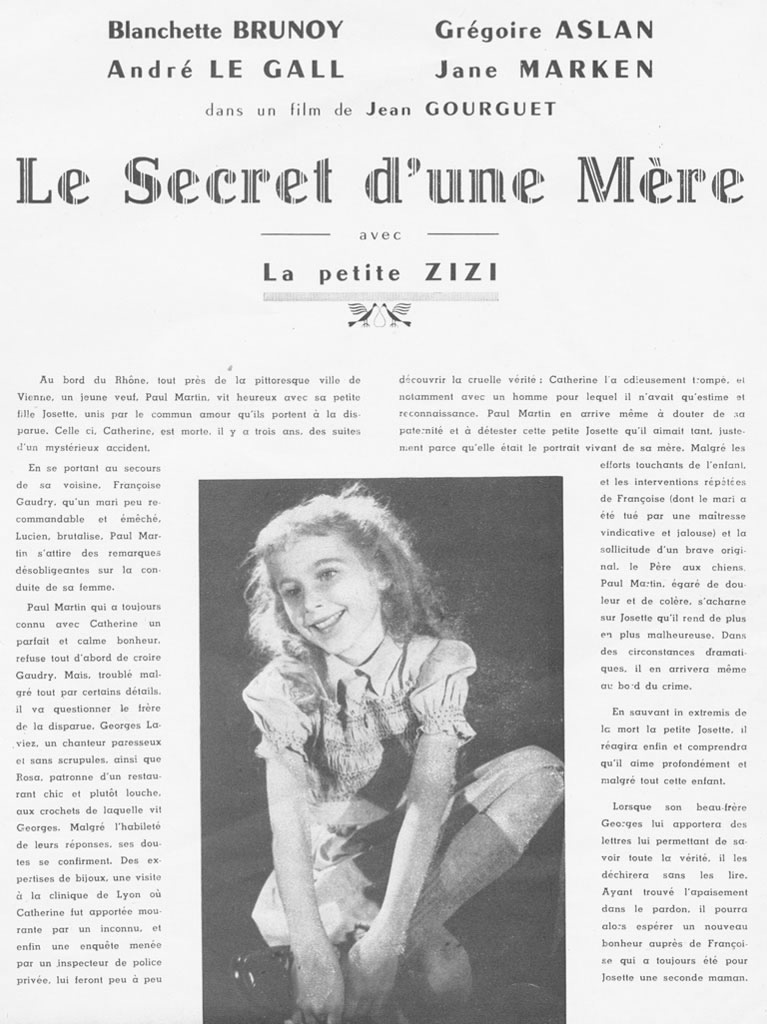 Scenario de : le secret d une mere, 1952